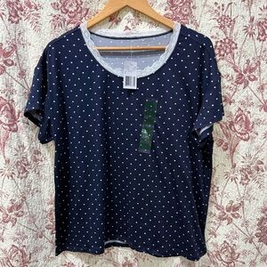 Berkley Jensen Women’s Navy Polka Dot Lace Trim Top Size L